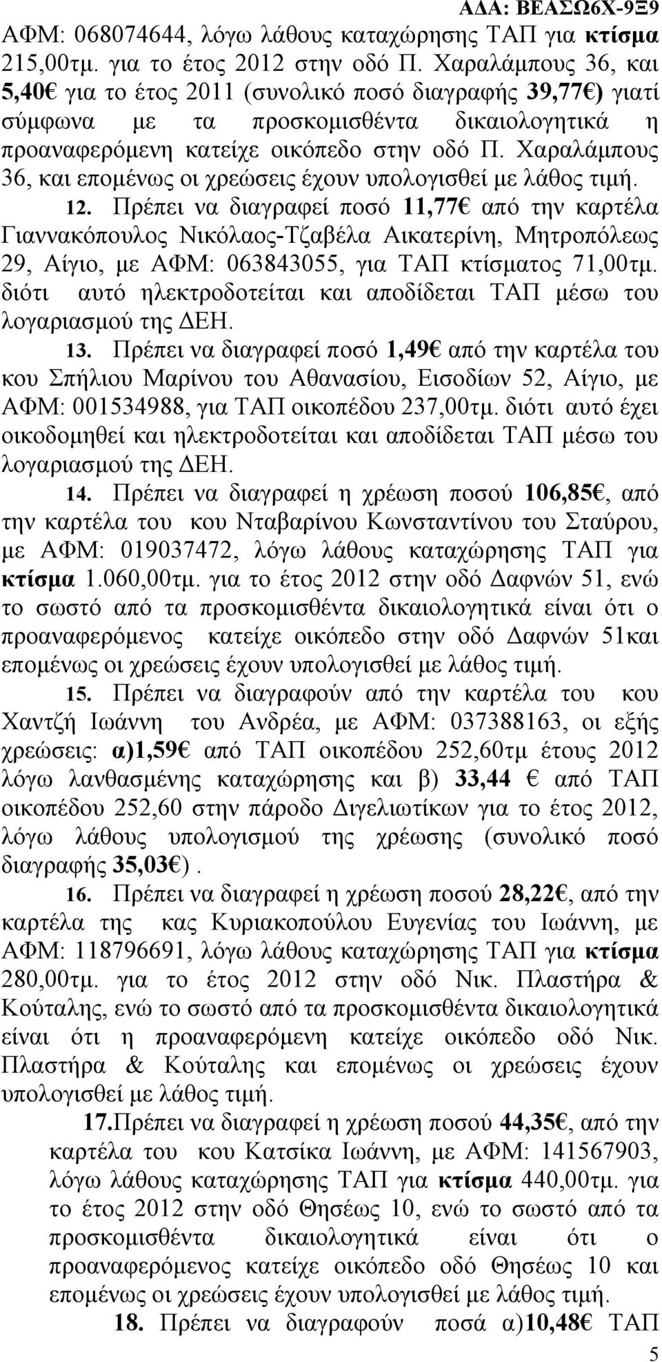 Πρέπει να διαγραφεί ποσό 11,77 από την καρτέλα Γιαννακόπουλος Νικόλαος-Τζαβέλα Αικατερίνη, Μητροπόλεως 29, Αίγιο, με ΑΦΜ: 063843055, για ΤΑΠ κτίσματος 71,00τμ.