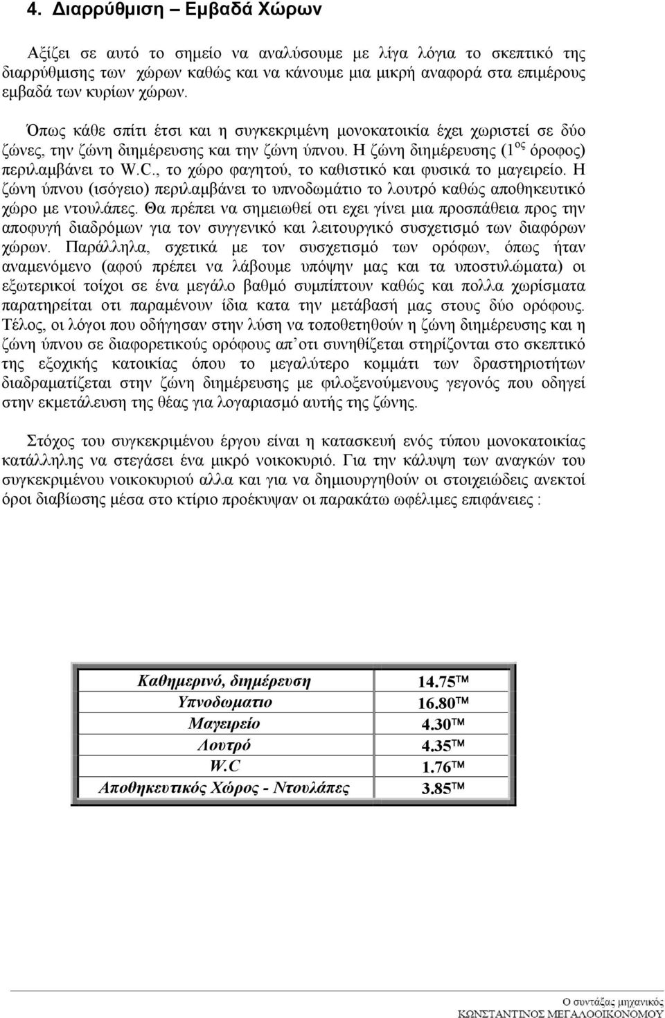 , το χώρο φαγητού, το καθιστικό και φυσικά το µαγειρείο. Η ζώνη ύπνου (ισόγειο) περιλαµβάνει το υπνοδωµάτιο το λουτρό καθώς αποθηκευτικό χώρο µε ντουλάπες.