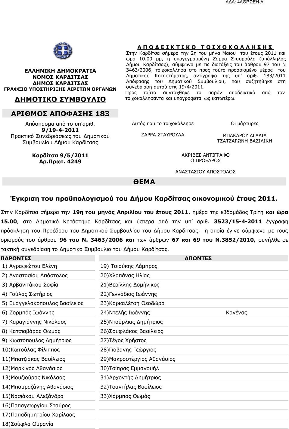 00 μμ, η υπογεγραμμένη Ζάρρα Σταυρούλα (υπάλληλος Δήμου Καρδίτσας), σύμφωνα με τις διατάξεις του άρθρου 97 του Ν 3463/2006, τοιχοκόλλησα στο προς τούτο προορισμένο μέρος του Δημοτικού Καταστήματος,