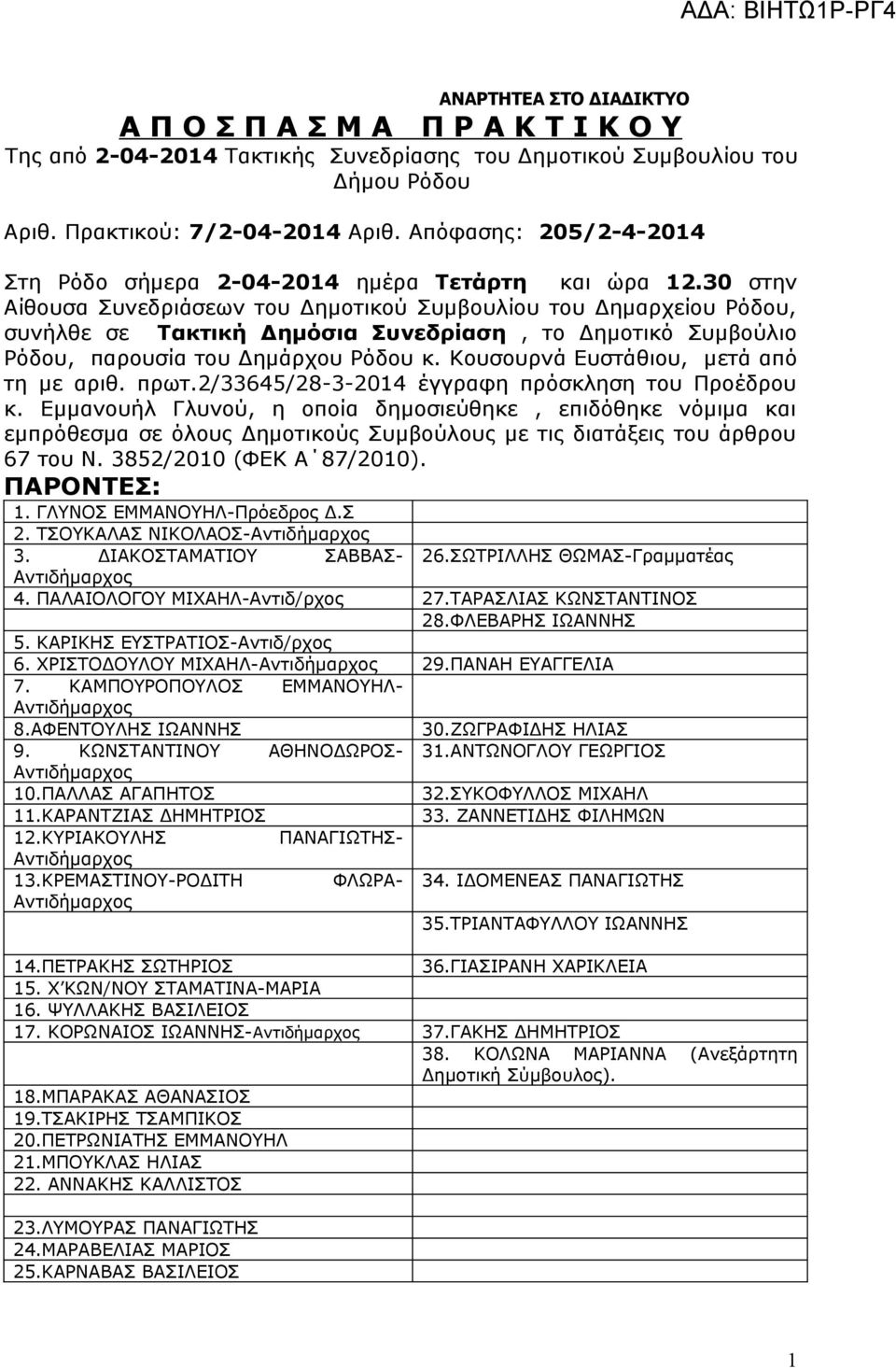 30 στην Αίθουσα Συνεδριάσεων του Δημοτικού Συμβουλίου του Δημαρχείου Ρόδου, συνήλθε σε Τακτική Δημόσια Συνεδρίαση, το Δημοτικό Συμβούλιο Ρόδου, παρουσία του Δημάρχου Ρόδου κ.