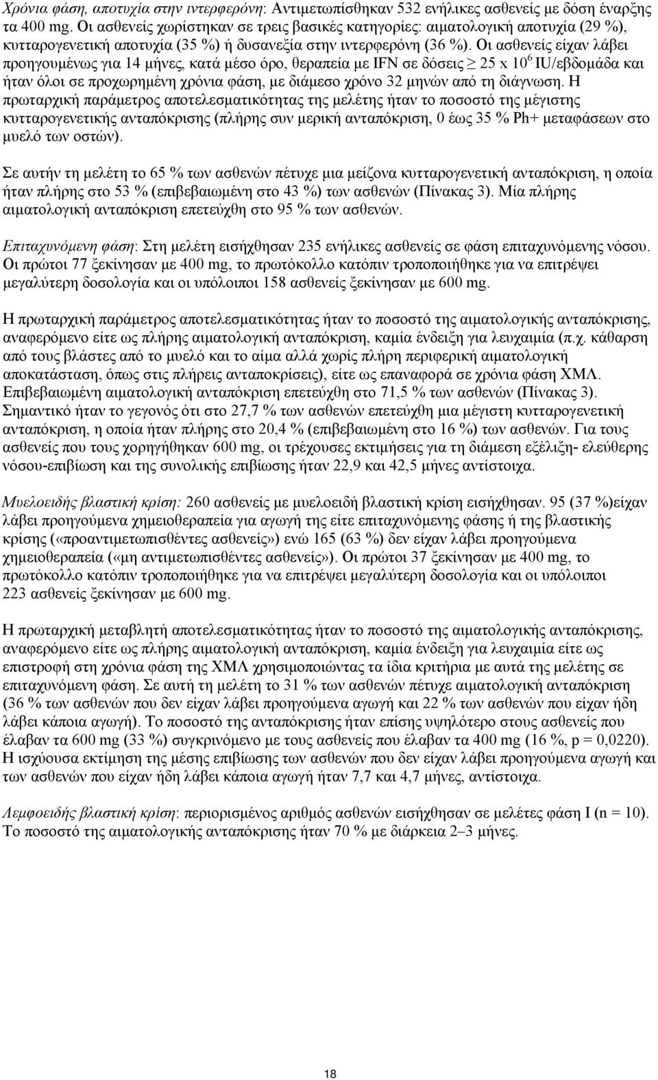 Οι ασθενείς είχαν λάβει προηγουμένως για 14 μήνες, κατά μέσο όρο, θεραπεία με IFN σε δόσεις 25 x 10 6 IU/εβδομάδα και ήταν όλοι σε προχωρημένη χρόνια φάση, με διάμεσο χρόνο 32 μηνών από τη διάγνωση.