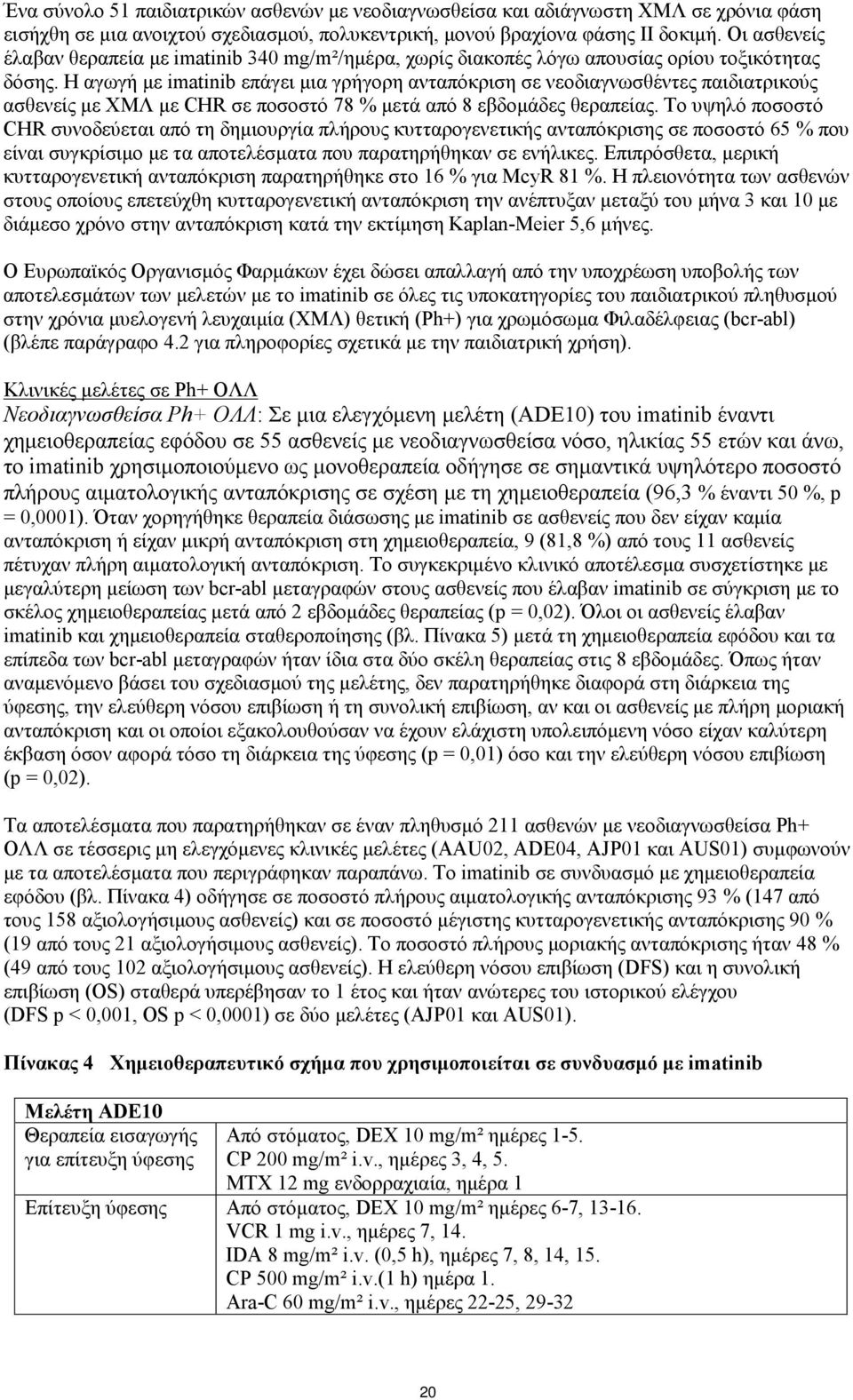 Η αγωγή με imatinib επάγει μια γρήγορη ανταπόκριση σε νεοδιαγνωσθέντες παιδιατρικούς ασθενείς με ΧΜΛ με CHR σε ποσοστό 78 % μετά από 8 εβδομάδες θεραπείας.