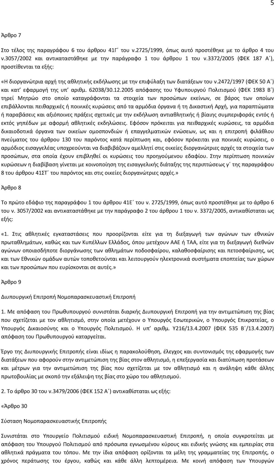 2005 απόφασης του Υφυπουργού Πολιτισμού (ΦΕΚ 1983 Β ) τηρεί Μητρώο στο οποίο καταγράφονται τα στοιχεία των προσώπων εκείνων, σε βάρος των οποίων επιβάλλονται πειθαρχικές ή ποινικές κυρώσεις από τα