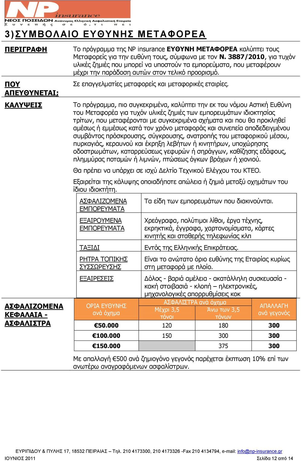 ν πξόγξακκα, πην ζπγθεθξηκέλα, θαιύπηεη ηελ εθ ηνπ λόκνπ Αζηηθή Επζύλε ηνπ Λεηαθνξέα γηα ηπρόλ πιηθέο δεκηέο ησλ εκπνξεπκάησλ ηδηνθηεζίαο ηξίησλ, πνπ κεηαθέξνληαη κε ζπγθεθξηκέλα ζρήκαηα θαη πνπ ζα