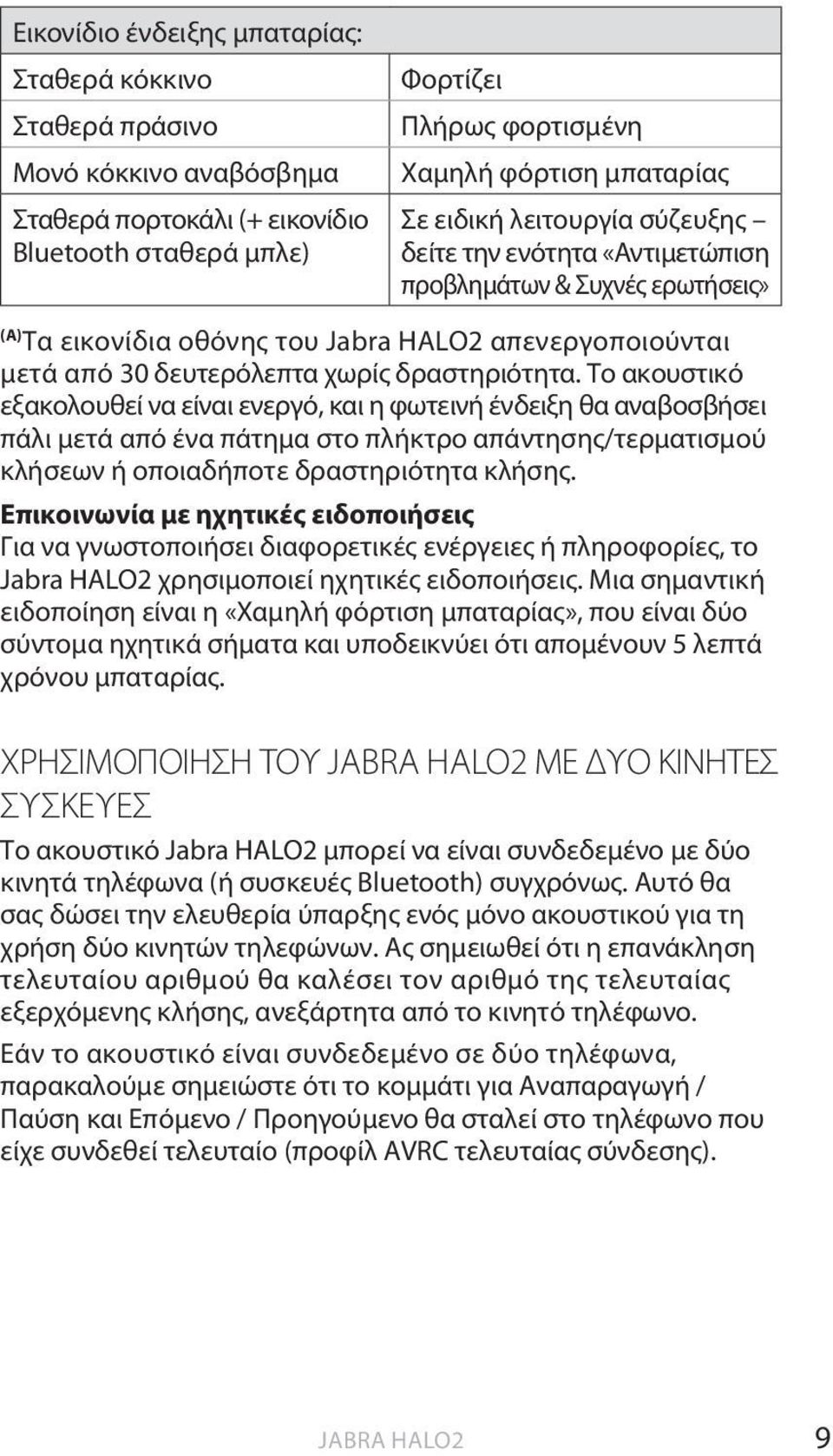 Το ακουστικό εξακολουθεί να είναι ενεργό, και η φωτεινή ένδειξη θα αναβοσβήσει πάλι μετά από ένα πάτημα στο πλήκτρο απάντησης/τερματισμού κλήσεων ή οποιαδήποτε δραστηριότητα κλήσης.