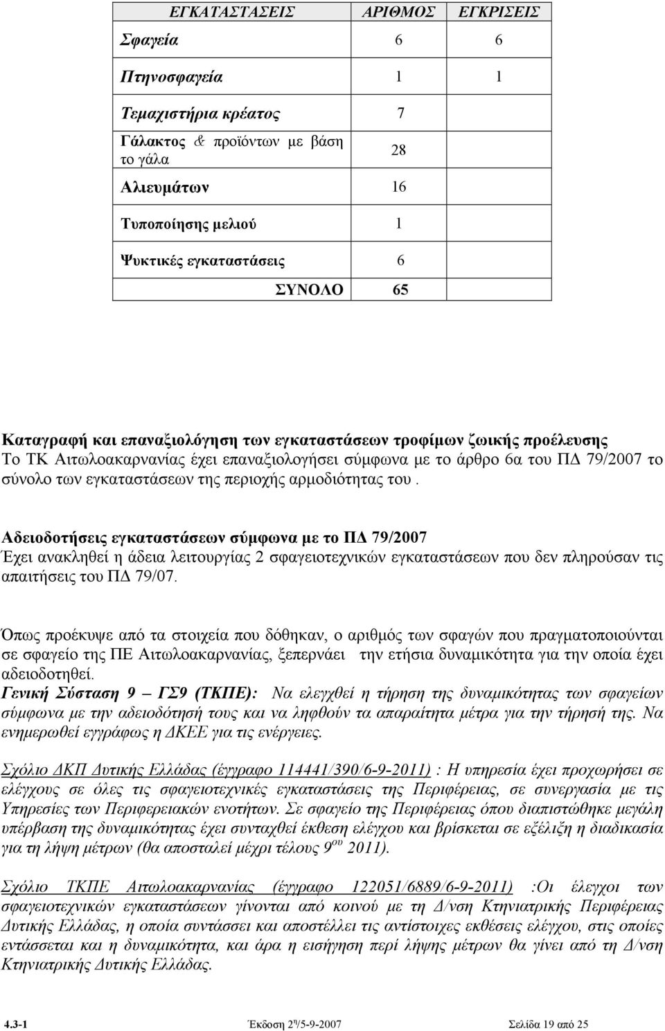 αρμοδιότητας του. Αδειοδοτήσεις εγκαταστάσεων σύμφωνα με το ΠΔ 79/2007 Έχει ανακληθεί η άδεια λειτουργίας 2 σφαγειοτεχνικών εγκαταστάσεων που δεν πληρούσαν τις απαιτήσεις του ΠΔ 79/07.