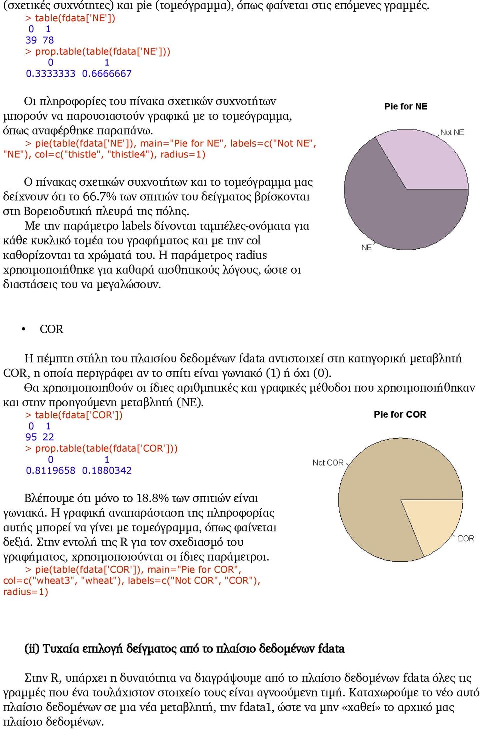 > pie(table(fdata['ne']), main="pie for NE", labels=c("not NE", "NE"), col=c("thistle", "thistle4"), radius=1) Ο πίνακας σχετικών συχνοτήτων και το τομεόγραμμα μας δείχνουν ότι το 66.