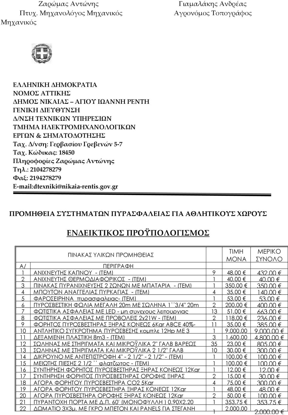 ΗΛΕΚΤΡΟΜΗΧΑΝΟΛΟΓΙΚΩΝ ΕΡΓΩΝ & ΣΗΜΑΤΟΔΟΤΗΣΗΣ Ταχ. Δ/νση: Γερβασίου Γρεβενών 5-7 Ταχ. Κώδικας: 18450 Πληροφορίες Ζαρώμας Αντώνης Τηλ.: 2104278279 Φαξ: 2194278279 E-mail:dtexniki@nikaia-rentis.gov.