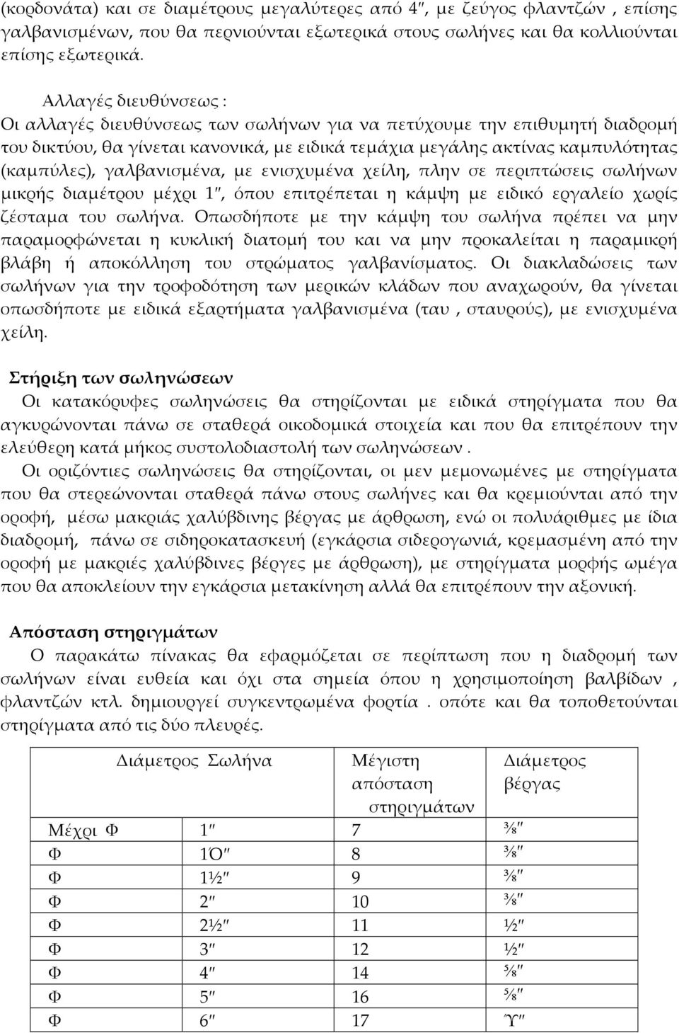 γαλβανισμένα, με ενισχυμένα χείλη, πλην σε περιπτώσεις σωλήνων μικρής διαμέτρου μέχρι 1, όπου επιτρέπεται η κάμψη με ειδικό εργαλείο χωρίς ζέσταμα του σωλήνα.