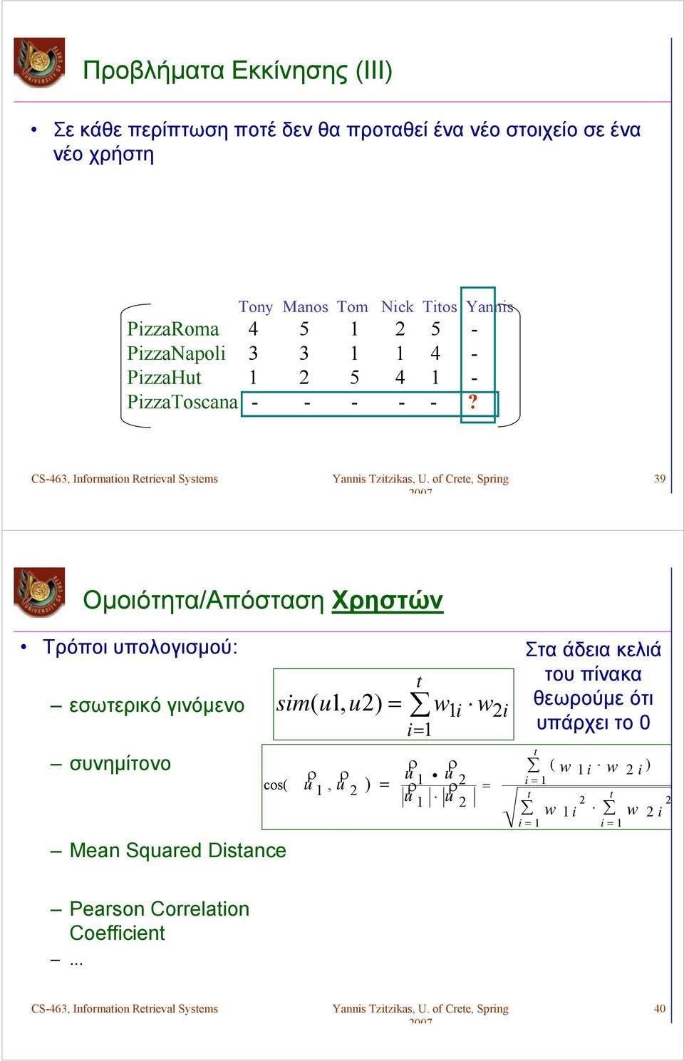 39 Ομοιότητα/Απόσταση Χρηστών Τρόποι υπολογισμού: εσωτερικό γινόμενο συνημίτονο Mean Squared Distance sim( u1, u) = t i= 1 ρ ρ ρ ρ u