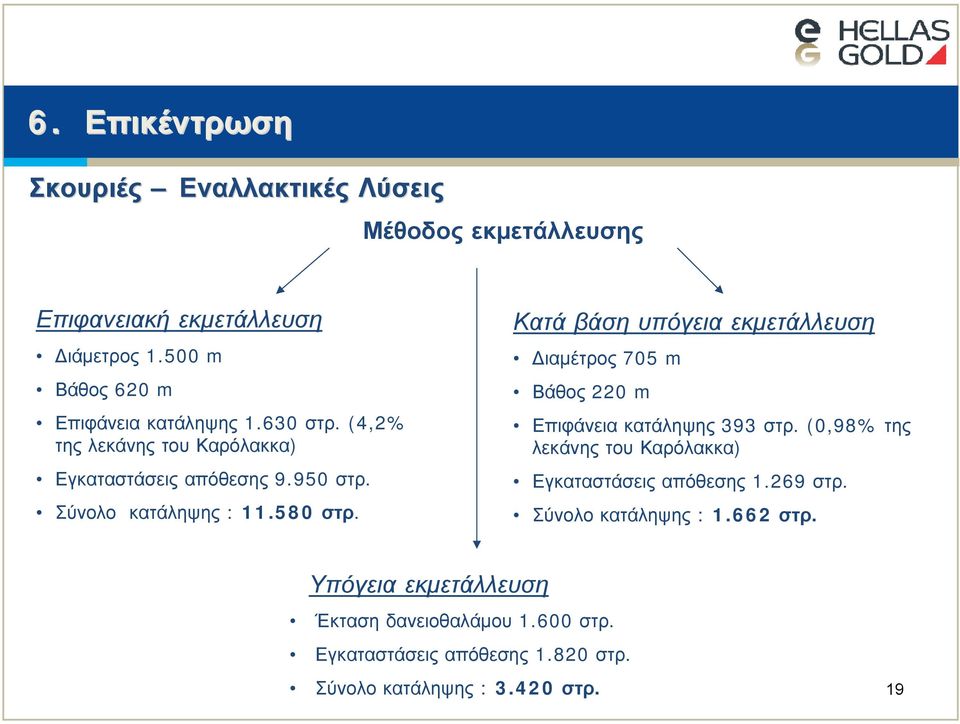 580 στρ. Κατά βάση υπόγεια εκμετάλλευση Διαμέτρος 705 m Βάθος 220 m Επιφάνεια κατάληψης 393 στρ.