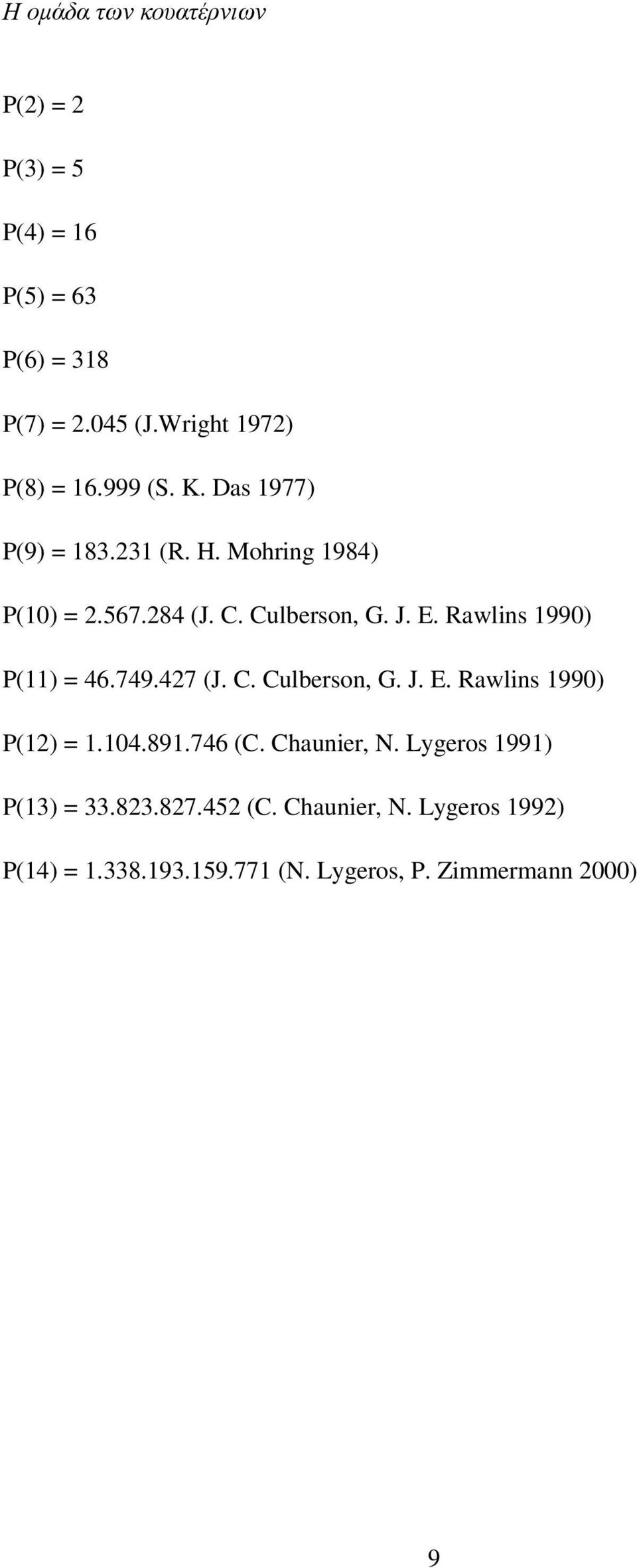 Rawlins 1990) P(11) = 46.749.427 (J. C. Culberson, G. J. E. Rawlins 1990) P(12) = 1.104.891.746 (C.