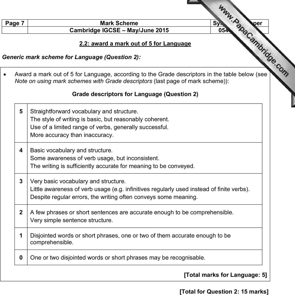 schemes with Grade descriptors (last page of mark scheme)): Grade descriptors for Language (Question 2) 5 Straightforward vocabulary and structure.