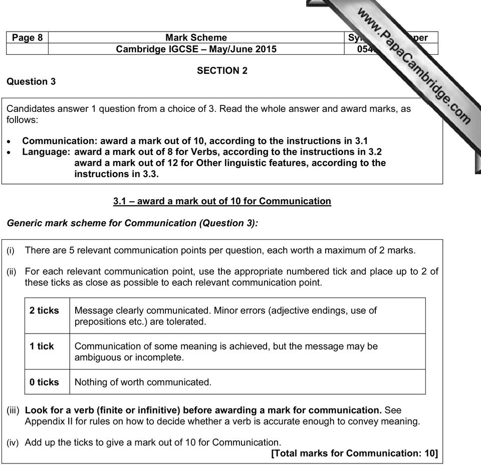 1 Language: award a mark out of 8 for Verbs, according to the instructions in 3.