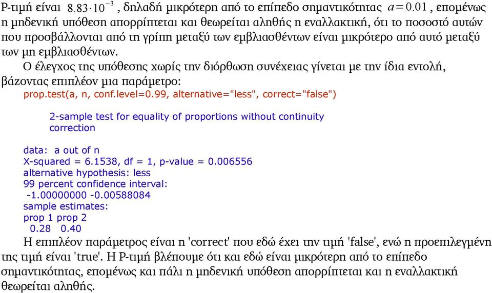 εμβλιασθέντων. Ο έλεγχος της υπόθεσης χωρίς την διόρθωση συνέχειας γίνεται με την ίδια εντολή, βάζοντας επιπλέον μια παράμετρο: prop.test(a, n, conf.level=0.