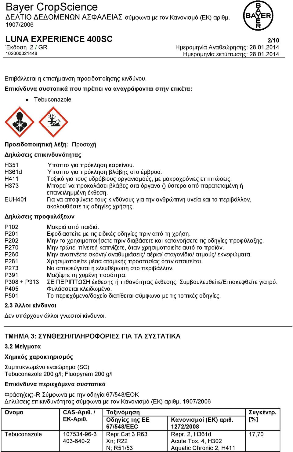P260 P281 P273 P391 P308 + P313 P405 P501 2.3 Άλλοι κίνδυνοι Ύποπτο για πρόκληση καρκίνου. Ύποπτο για πρόκληση βλάβης στο έμβρυο. Τοξικό για τους υδρόβιους οργανισμούς, με μακροχρόνιες επιπτώσεις.