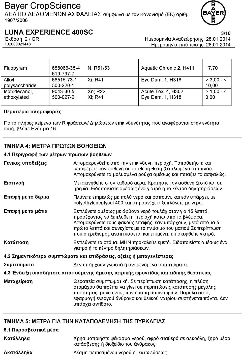 1, H318 3,00 Περαιτέρω πληροφορίες Για το πλήρες κείμενο των R φράσεων/ Δηλώσεων επικινδυνότητας που αναφέρονται στην ενότητα αυτή, βλέπε Ενότητα 16. ΤΜΗΜΑ 4: ΜΕΤΡΑ ΠΡΩΤΩΝ ΒΟΗΘΕΙΩΝ 4.