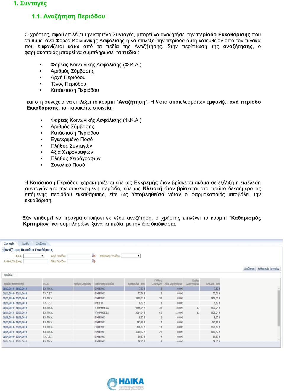 Η λίστα αποτελεσμάτων εμφανίζει ανά περίοδο Εκκαθάρισης, τα παρακάτω στοιχεία: Φορέας Κοινωνικής Ασ