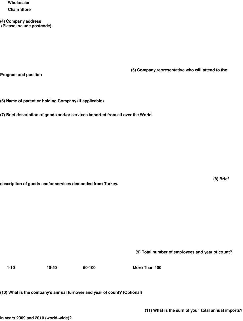 description of goods and/or services demanded from Turkey. (8) Brief (9) Total number of employees and year of count?