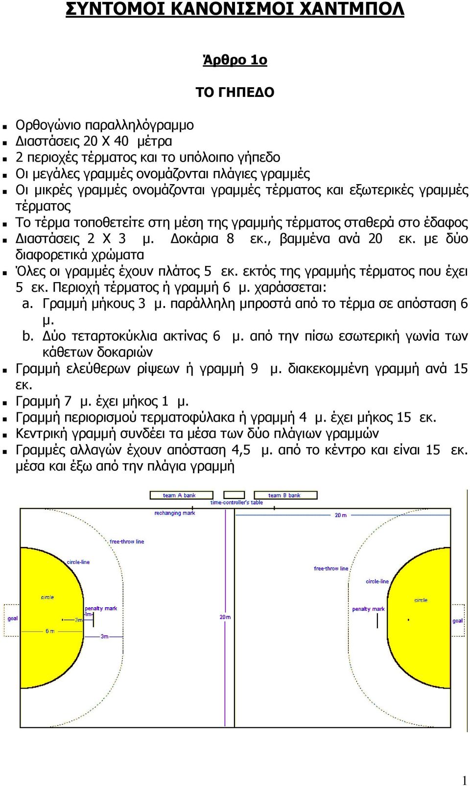 µε δύο διαφορετικά χρώµατα Όλες οι γραµµές έχουν πλάτος 5 εκ. εκτός της γραµµής τέρµατος που έχει 5 εκ. Περιοχή τέρµατος ή γραµµή 6 µ. χαράσσεται: a. Γραµµή µήκους 3 µ.