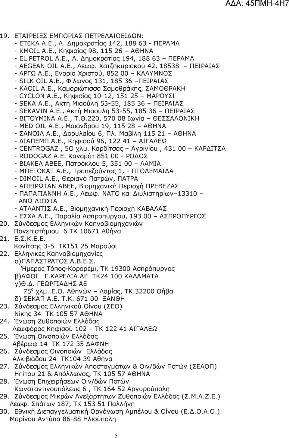 , Θεθηζίαο 10-12, 151 25 ΚΑΟΝΠΗ - SEKA A.E., Αθηή Κηανχιε 53-55, 185 36 ΞΔΗΟΑΗΑΠ - SEKAVIN A.E., Αθηή Κηανχιε 53-55, 185 36 ΞΔΗΟΑΗΑΠ - ΒΗΡΝΚΗΛΑ Α.Δ., Ρ.Θ.220, 570 08 Ησλία ΘΔΠΠΑΙΝΛΗΘΖ - MED OIL A.E., Καηάλδξνπ 19, 115 28 ΑΘΖΛΑ - ΠΑΛΝΗΙ Α.