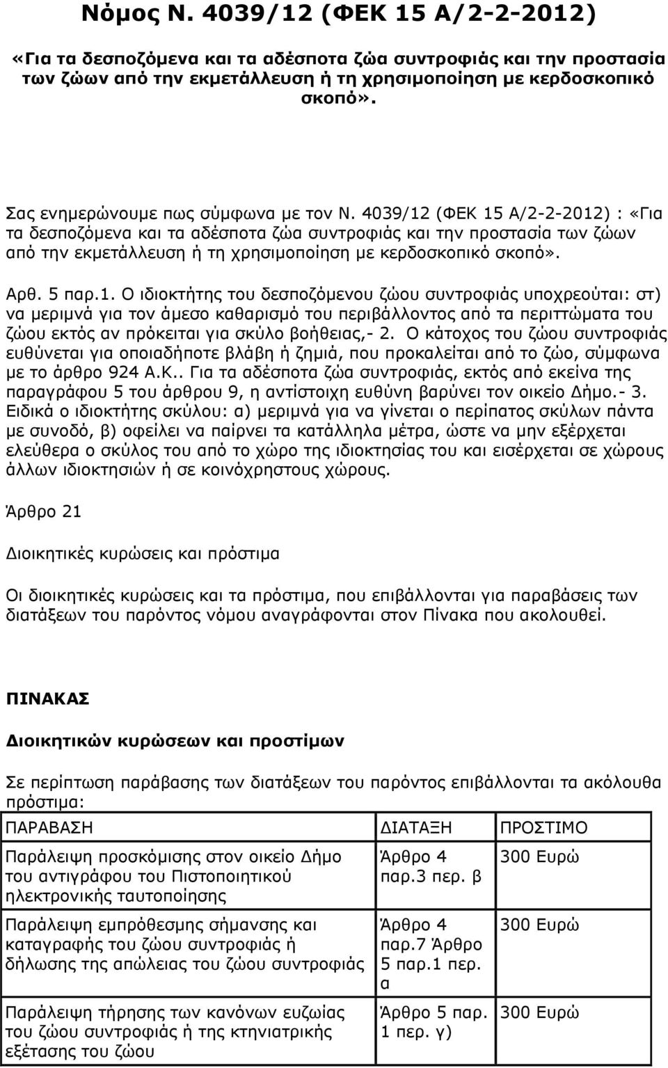 4039/12 (ΦΔΚ 15 Α/2-2-2012) : «Γηα ηα δεζπνδφκελα θαη ηα αδέζπνηα δψα ζπληξνθηάο θαη ηελ πξνζηαζία ησλ δψσλ απφ ηελ εθκεηάιιεπζε ή ηε ρξεζηκνπνίεζε κε θεξδνζθνπηθφ ζθνπφ». Αξζ. 5.