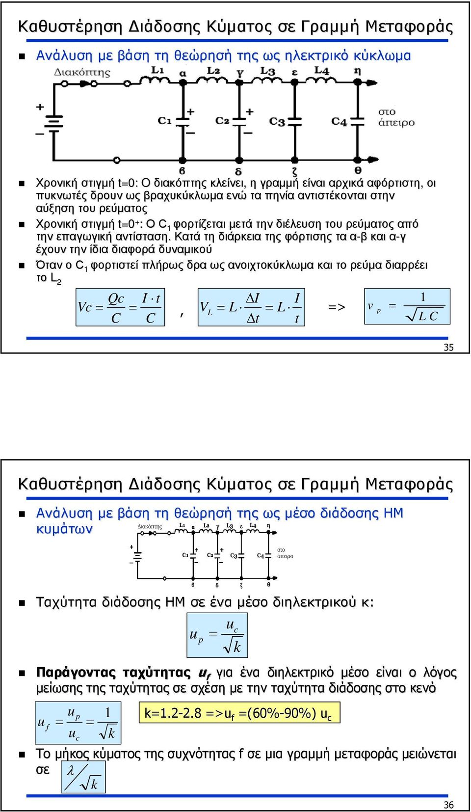 Κατά τη διάρκεια της φόρτισης ταα-βκαι α-γ έχουν την ίδια διαφορά δυναµικού Όταν ο С 1 φορτιστεί πλήρως δραως ανοιχτοκύκλωµα καιτο ρεύµα διαρρέει το L 2 Qc I t I I 1 Vc= =, V L = L = L => v p = C C t