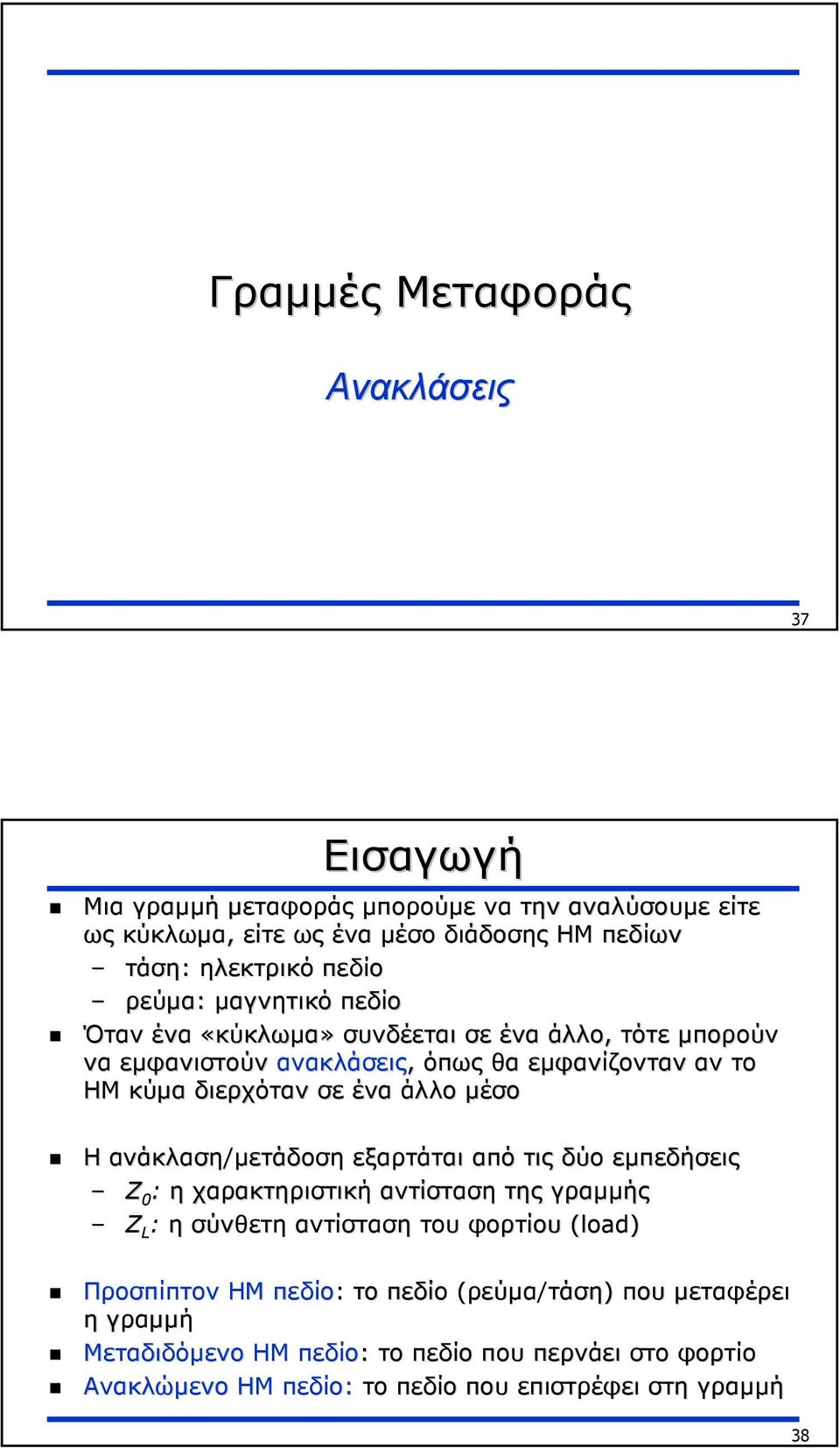 µέσο Η ανάκλαση/µετάδοση εξαρτάται από τις δύο εµπεδήσεις Z 0 : η χαρακτηριστική αντίσταση της γραµµής Z L : η σύνθετη αντίσταση του φορτίου (load) Προσπίπτον ΗΜ