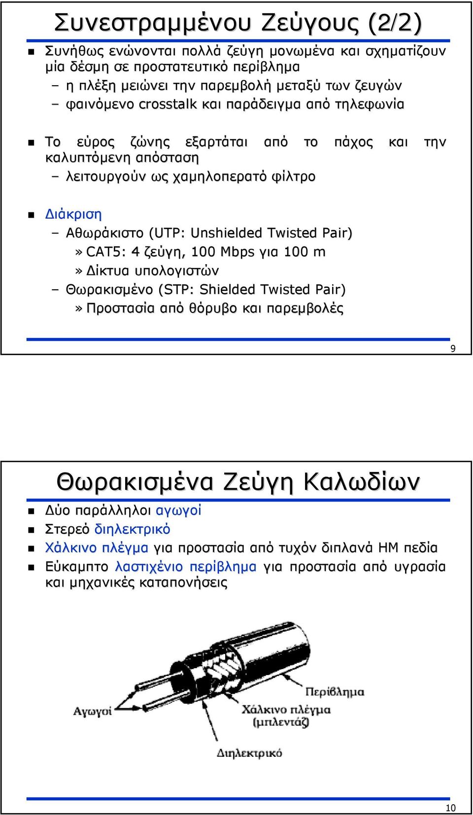 Unshielded Twisted Pair)» CAT5: : 4 ζεύγη, 100 Mbps για 100 m» ίκτυα υπολογιστών Θωρακισµένο (STP: Shielded Twisted Pair)» Προστασία από θόρυβο και παρεµβολές 9 Θωρακισµένα Ζεύγη