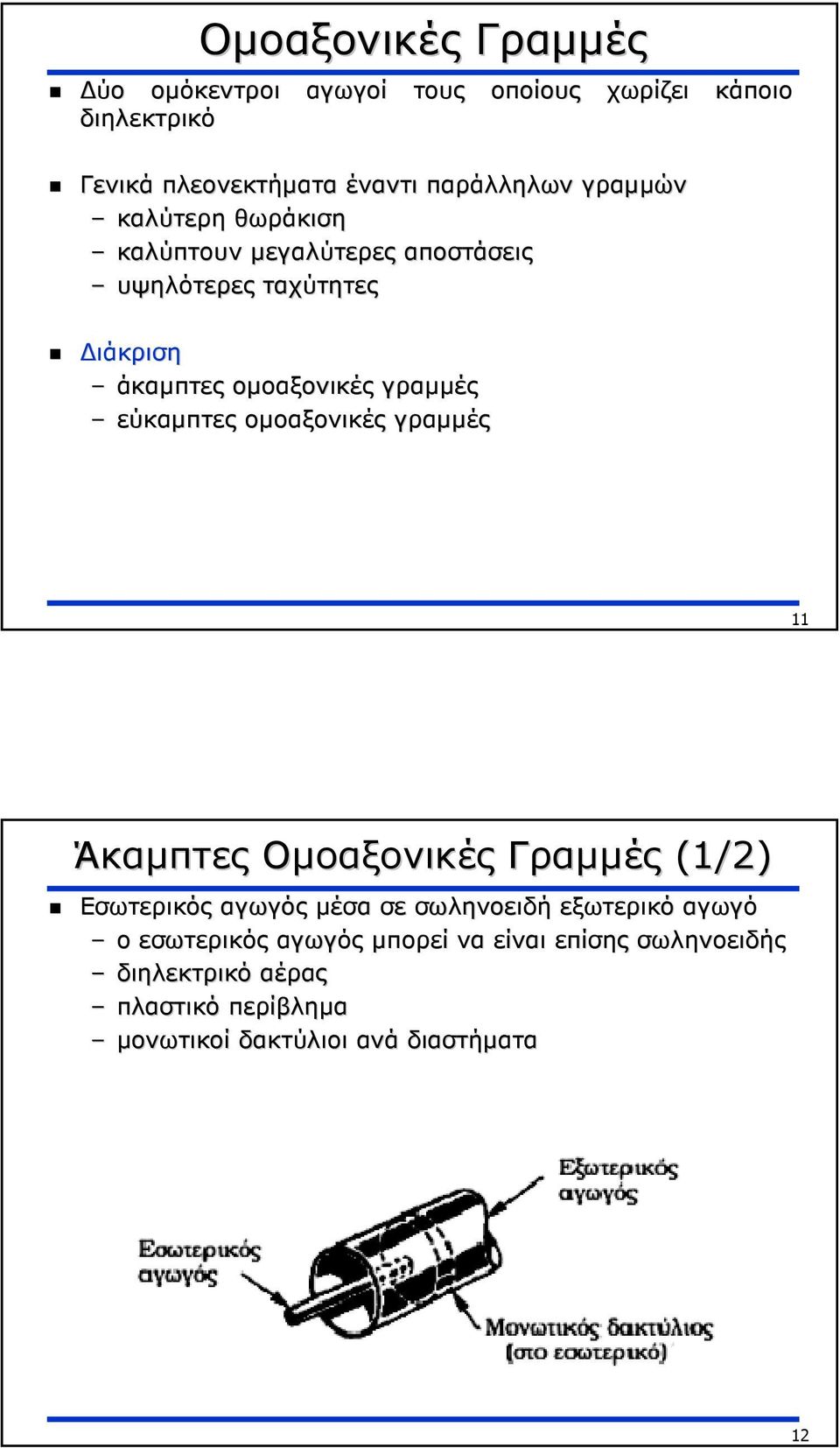 εύκαµπτες οµοαξονικές γραµµές 11 Άκαµπτες Οµοαξονικές Γραµµές (1/2) Εσωτερικός αγωγός µέσα σε σωληνοειδή εξωτερικό αγωγό