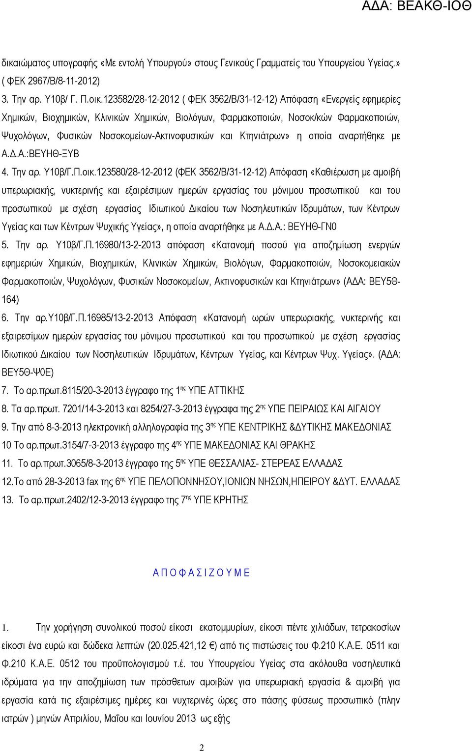 Νοσοκομείων-Ακτινοφυσικών και Κτηνιάτρων» η οποία αναρτήθηκε με Α.Δ.Α.:ΒΕΥΗΘ-ΞΥΒ 4. Την αρ. Υ10β/Γ.Π.οικ.