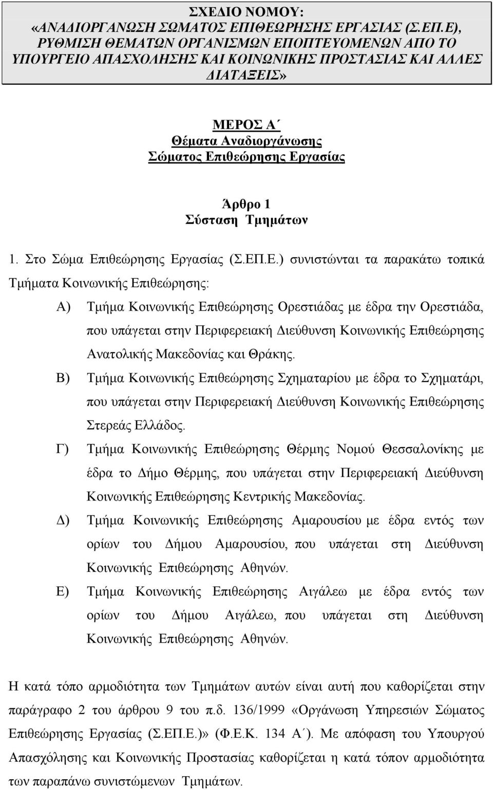 Ε), ΡΥΘΜΙΣΗ ΘΕΜΑΤΩΝ ΟΡΓΑΝΙΣΜΩΝ ΕΠΟΠΤΕΥΟΜΕΝΩΝ ΑΠΟ ΤΟ ΥΠΟΥΡΓΕΙΟ ΑΠΑΣΧΟΛΗΣΗΣ ΚΑΙ ΚΟΙΝΩΝΙΚΗΣ ΠΡΟΣΤΑΣΙΑΣ ΚΑΙ ΑΛΛΕΣ ΔΙΑΤΑΞΕΙΣ» ΜΕΡΟΣ Α Θέματα Αναδιοργάνωσης Σώματος Επιθεώρησης Εργασίας Άρθρο 1 Σύσταση