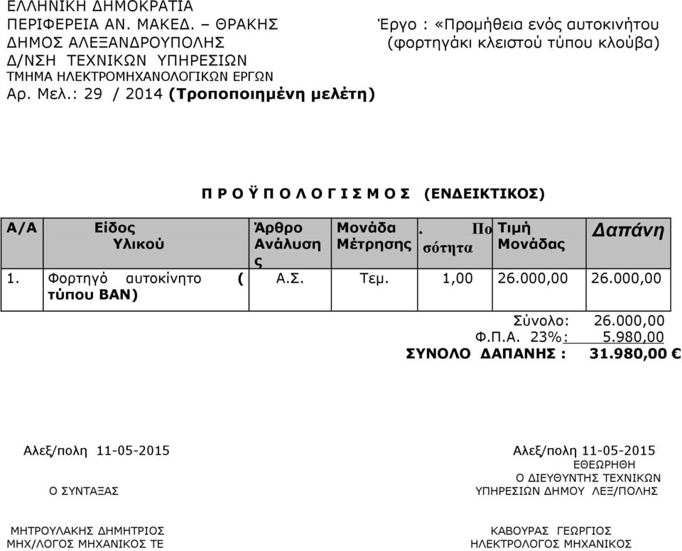 : 29 / 2014 (Τροποποιηµένη µελέτη) Π Ρ Ο Ϋ Π Ο Λ Ο Γ Ι Σ Μ Ο Σ (ΕΝ ΕΙΚΤΙΚΟΣ) Α/Α Είδος Υλικού 1. Φορτηγό αυτοκίνητο ( τύπου ΒΑΝ) Άρθρο Ανάλυση ς Μονάδα i.
