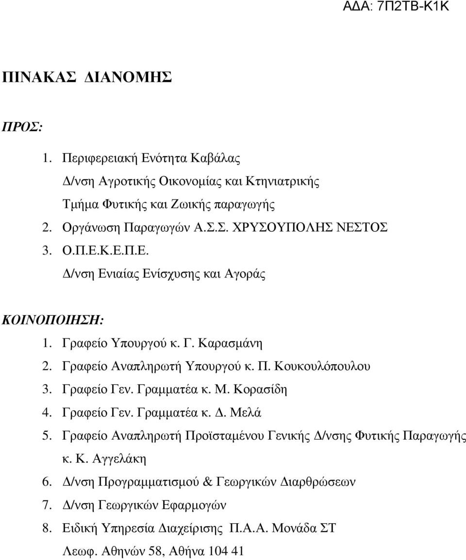 Γραφείο Γεν. Γραµµατέα κ. Μ. Κορασίδη 4. Γραφείο Γεν. Γραµµατέα κ.. Μελά 5. Γραφείο Αναπληρωτή Προϊσταµένου Γενικής /νσης Φυτικής Παραγωγής κ. Κ. Αγγελάκη 6.