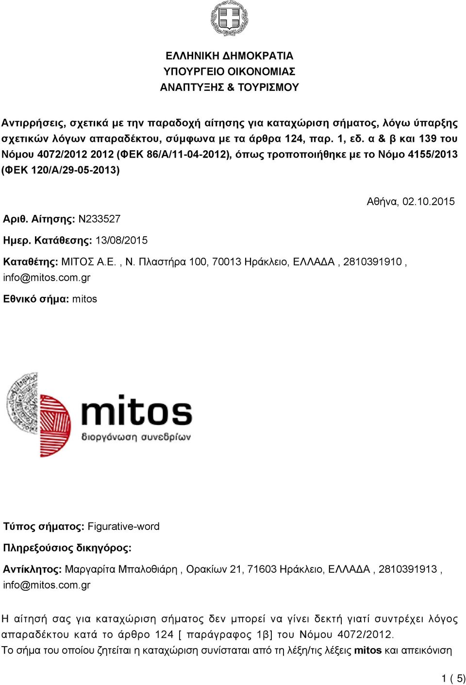 Κατάθεσης: 13/08/2015 Καταθέτης: ΜΙΤΟΣ Α.Ε., Ν.