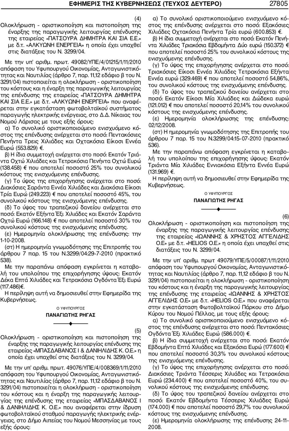 3291/04) πιστοποιείται η ολοκλήρωση οριστικοποίηση του κόστους και η έναρξη της παραγωγικής λειτουργίας της επένδυσης της εταιρείας «ΠΑΤΣΟΥΡΑ ΔΗΜΗΤΡΑ ΚΑΙ ΣΙΑ Ε.Ε.» με δ.τ. «ΑΛΚΥΩΝΗ ΕΝΕΡΓΕΙΑ» που αναφέ ρεται στην εγκατάσταση φωτοβολταϊκού συστήματος παραγωγής ηλεκτρικής ενέργειας, στο Δ.