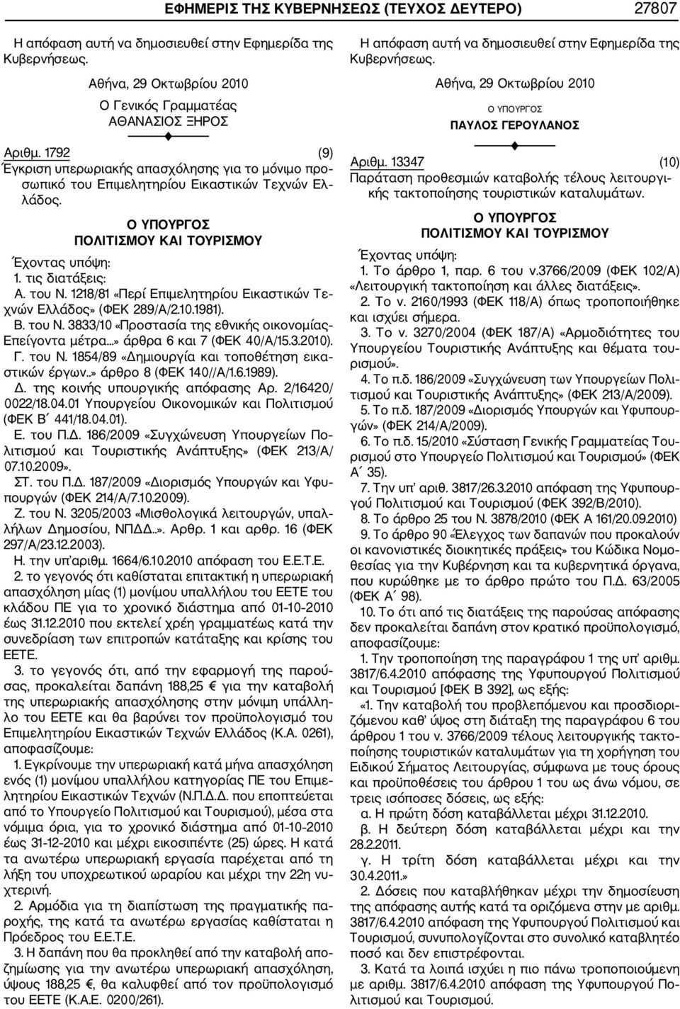 1218/81 «Περί Επιμελητηρίου Εικαστικών Τε χνών Ελλάδος» (ΦΕΚ 289/Α/2.10.1981). Β. του Ν. 3833/10 «Προστασία της εθνικής οικονομίας Επείγοντα μέτρα...» άρθρα 6 και 7 (ΦΕΚ 40/Α/15.3.2010). Γ. του Ν. 1854/89 «Δημιουργία και τοποθέτηση εικα στικών έργων.