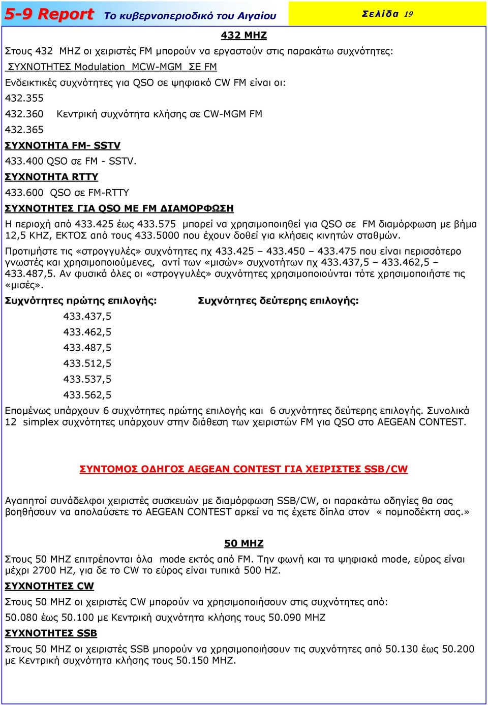 425 έως 433.575 µπορεί να χρησιµοποιηθεί για QSO σε FM διαµόρφωση µε βήµα 12,5 ΚΗΖ, ΕΚΤΟΣ από τους 433.5000 που έχουν δοθεί για κλήσεις κινητών σταθµών. Προτιµήστε τις «στρογγυλές» συχνότητες πχ 433.