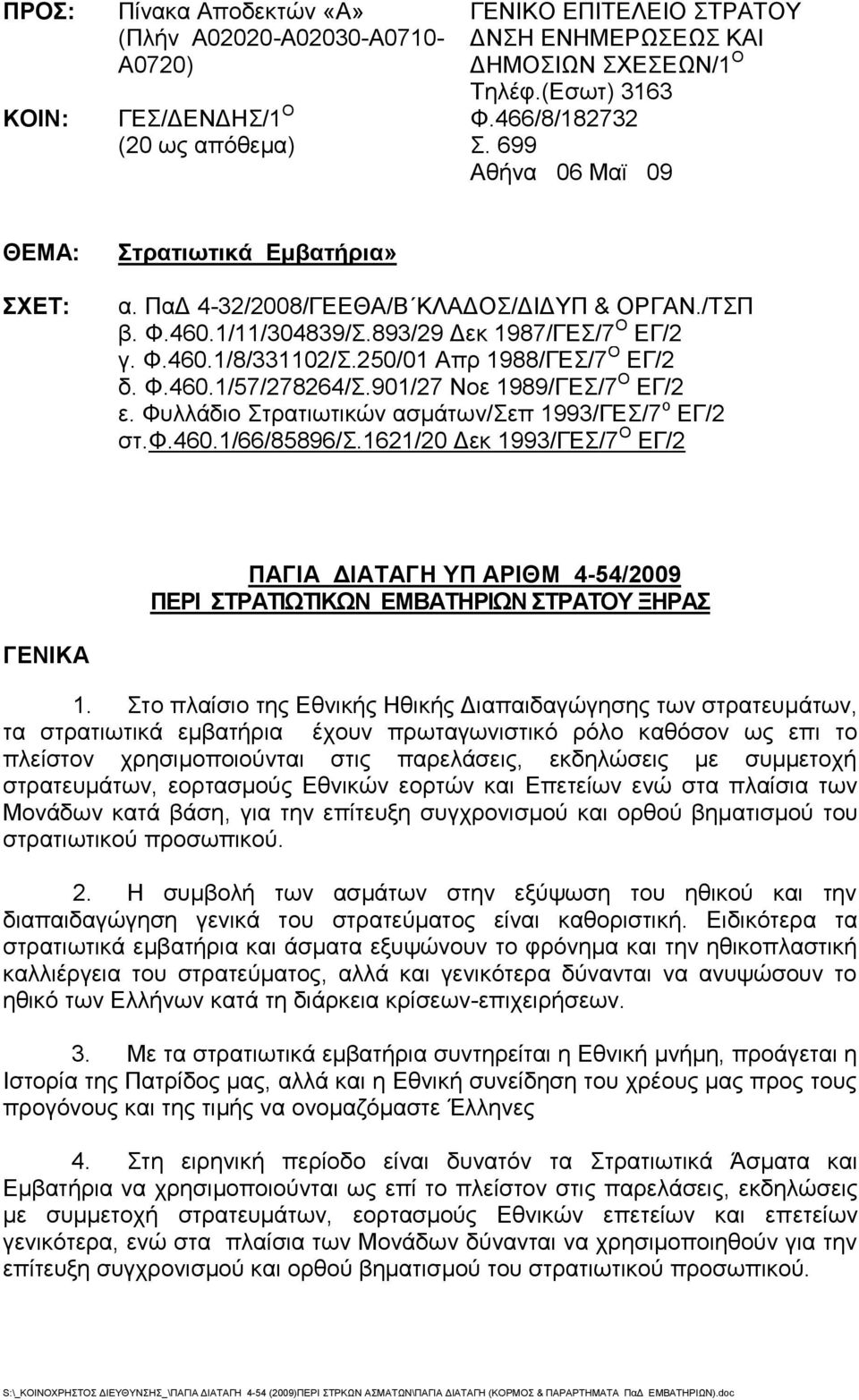 250/01 Απρ 1988/ΓΕΣ/7 Ο ΕΓ/2 δ. Φ.460.1/57/278264/Σ.901/27 Νοε 1989/ΓΕΣ/7 Ο ΕΓ/2 ε. Φυλλάδιο Στρατιωτικών ασμάτων/σεπ 1993/ΓΕΣ/7 ο ΕΓ/2 στ.φ.460.1/66/85896/σ.