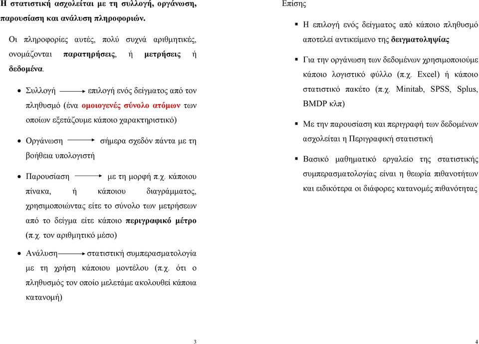 π.χ. κάποιου πίνακα, ή κάποιου διαγράμματος, χρησιμοποιώντας είτε το σύνολο των μετρήσεων από το δείγμα είτε κάποιο περιγραφικό μέτρο (π.χ. τον αριθμητικό μέσο) Επίσης Η επιλογή ενός δείγματος από κάποιο πληθυσμό αποτελεί αντικείμενο της δειγματοληψίας Για την οργάνωση των δεδομένων χρησιμοποιούμε κάποιο λογιστικό φύλλο (π.