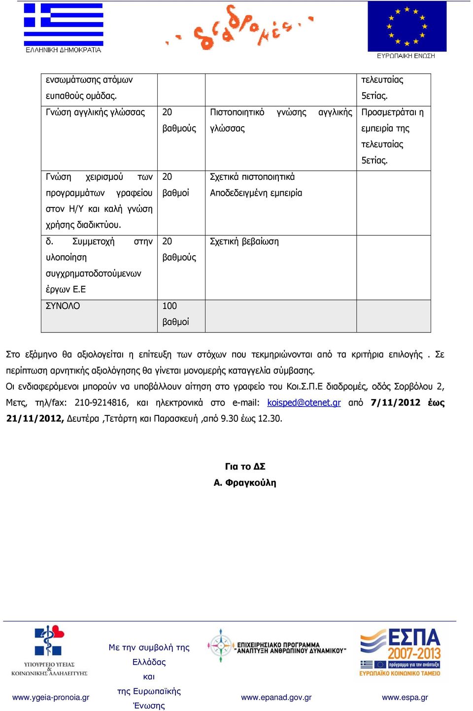 Ε ΣΥΝΟΛΟ 100 βαθμοί Πιστοποιητικό γνώσης αγγλικής γλώσσας Σχετικά πιστοποιητικά Αποδεδειγμένη εμπειρία Σχετική βεβαίωση Στο εξάμηνο θα αξιολογείται η επίτευξη των στόχων που τεκμηριώνονται από τα