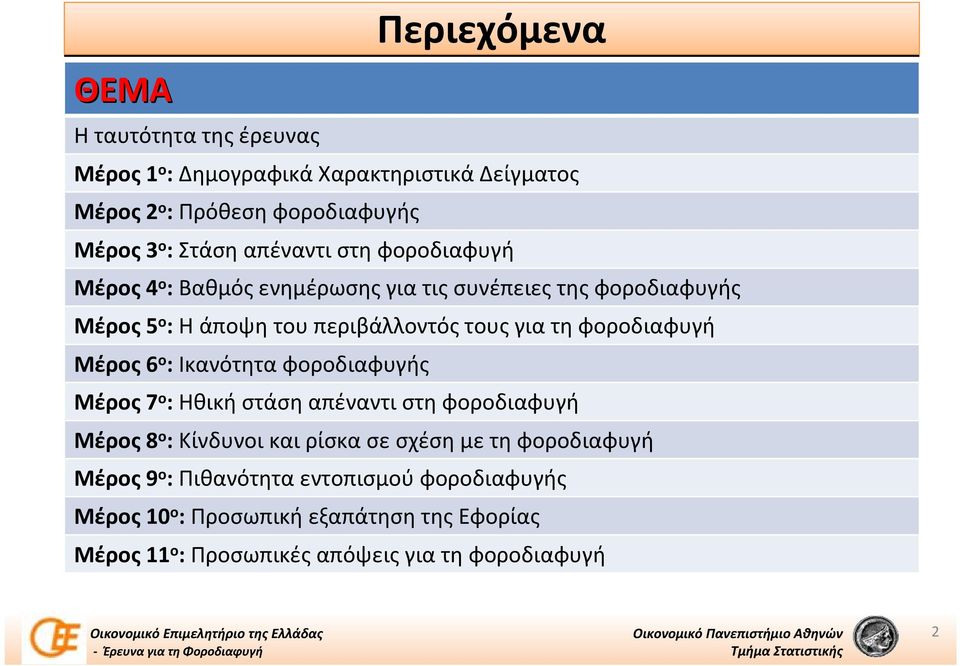 φοροδιαφυγή Μέρος 6 ο : Ικανότητα φοροδιαφυγής Μέρος 7 ο : Ηθική στάση απέναντι στη φοροδιαφυγή Μέρος 8 ο :