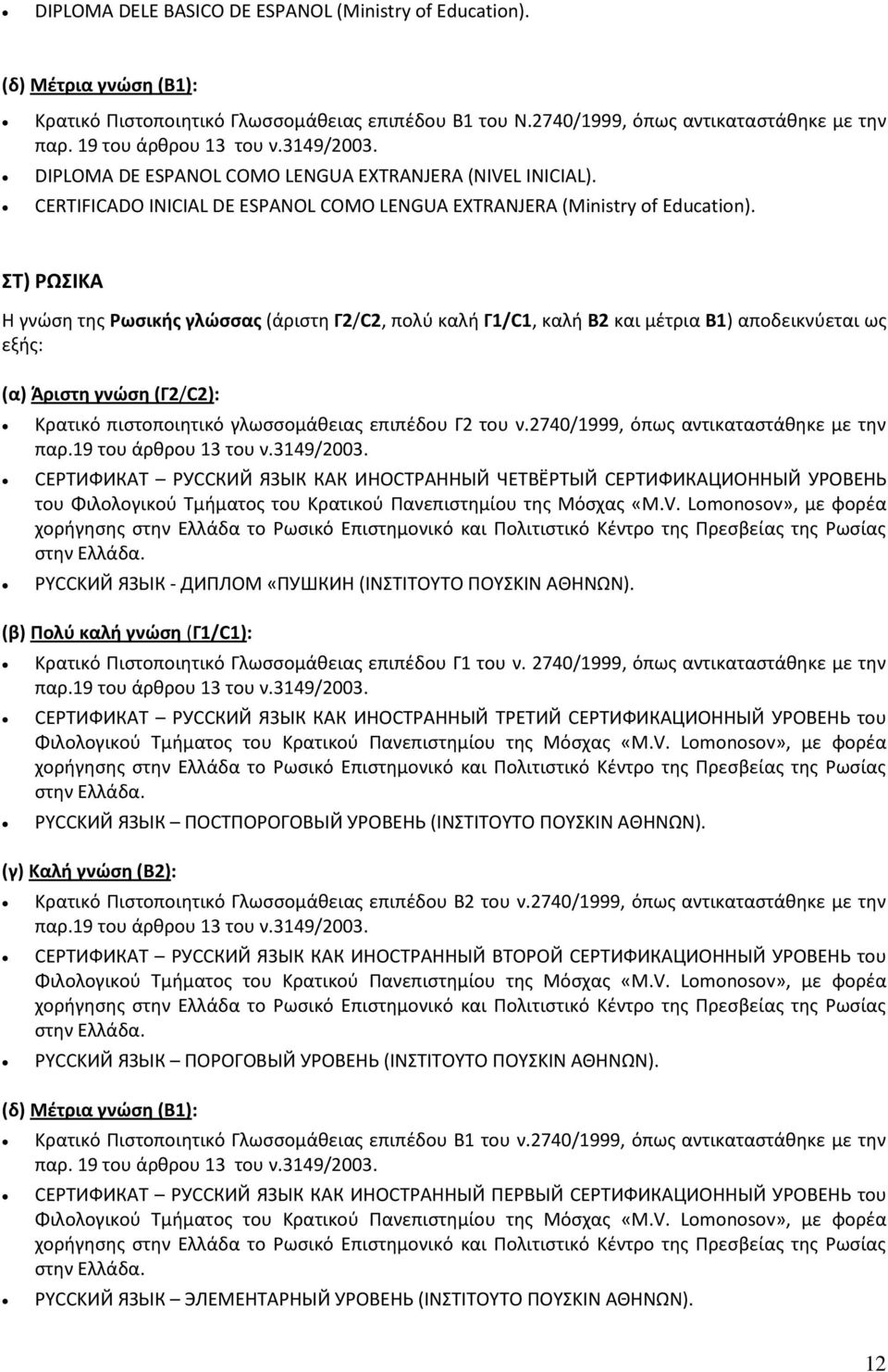 ΣΤ) ΡΩΣΙΚΑ Η γνώση της Ρωσικής γλώσσας (άριστη Γ2/C2, πολύ καλή Γ1/C1, καλή Β2 και μέτρια Β1) αποδεικνύεται ως εξής: (α) Άριστη γνώση (Γ2/C2): Κρατικό πιστοποιητικό γλωσσομάθειας επιπέδου Γ2 του ν.