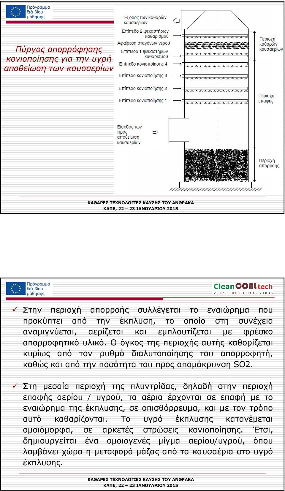 Στη µεσαία περιοχή της πλυντρίδας, δηλαδή στην περιοχή επαφής αερίου / υγρού, τα αέρια έρχονται σε επαφή µε το εναιώρηµα της έκπλυσης, σε οπισθόρρευµα, και µε τον τρόπο αυτό καθαρίζονται.