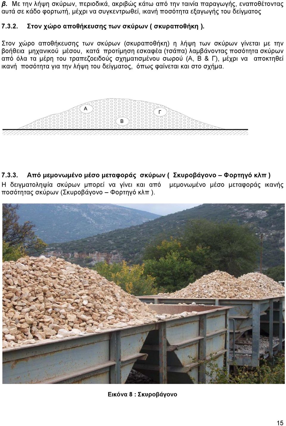 Στον χώρο αποθήκευσης των σκύρων (σκυραποθήκη) η λήψη των σκύρων γίνεται με την βοήθεια μηχανικού μέσου, κατά προτίμηση εσκαφέα (τσάπα) λαμβάνοντας ποσότητα σκύρων από όλα τα μέρη του