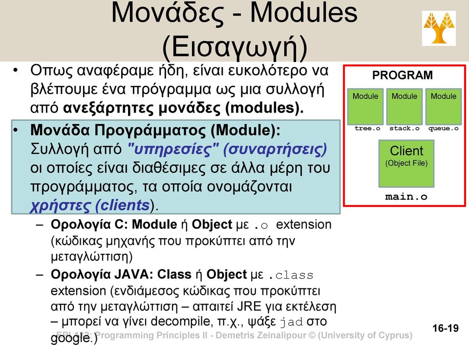 Ορολογία C: Module ή Object με.o extension (κώδικας μηχανής που προκύπτει από την μεταγλώττιση) Ορολογία JAVA: Class ή Object με.