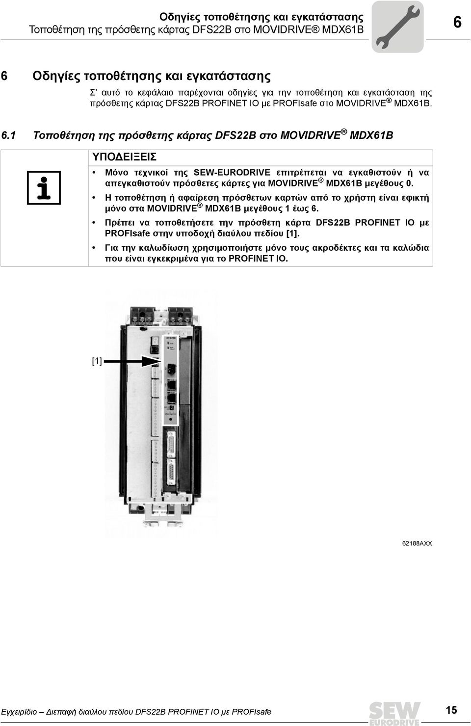 1 Τοποθέτηση της πρόσθετης κάρτας DFS22B στο MOVIDRIVE MDX61B ΥΠΟ ΕΙΞΕΙΣ Μόνο τεχνικοί της SEW-EURODRIVE επιτρέπεται να εγκαθιστούν ή να απεγκαθιστούν πρόσθετες κάρτες για MOVIDRIVE MDX61B µεγέθους 0.