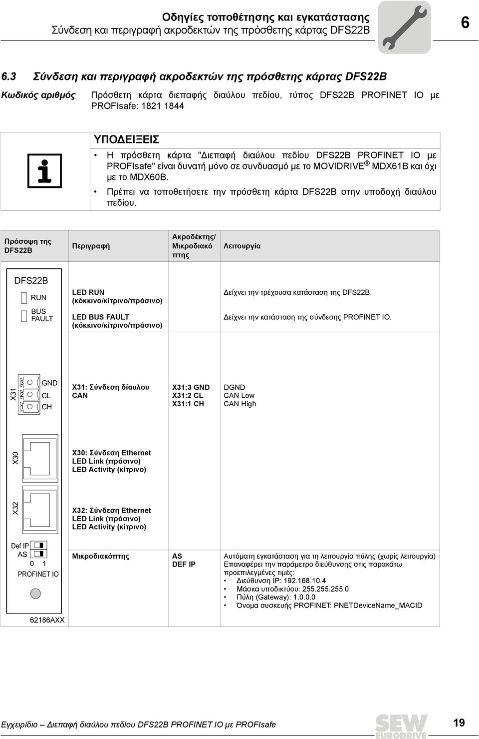ιεπαφή διαύλου πεδίου DFS22B PROFINET IO µε PROFIsafe" είναι δυνατή µόνο σε συνδυασµό µε το MOVIDRIVE MDX61B και όχι µε το MDX60B.