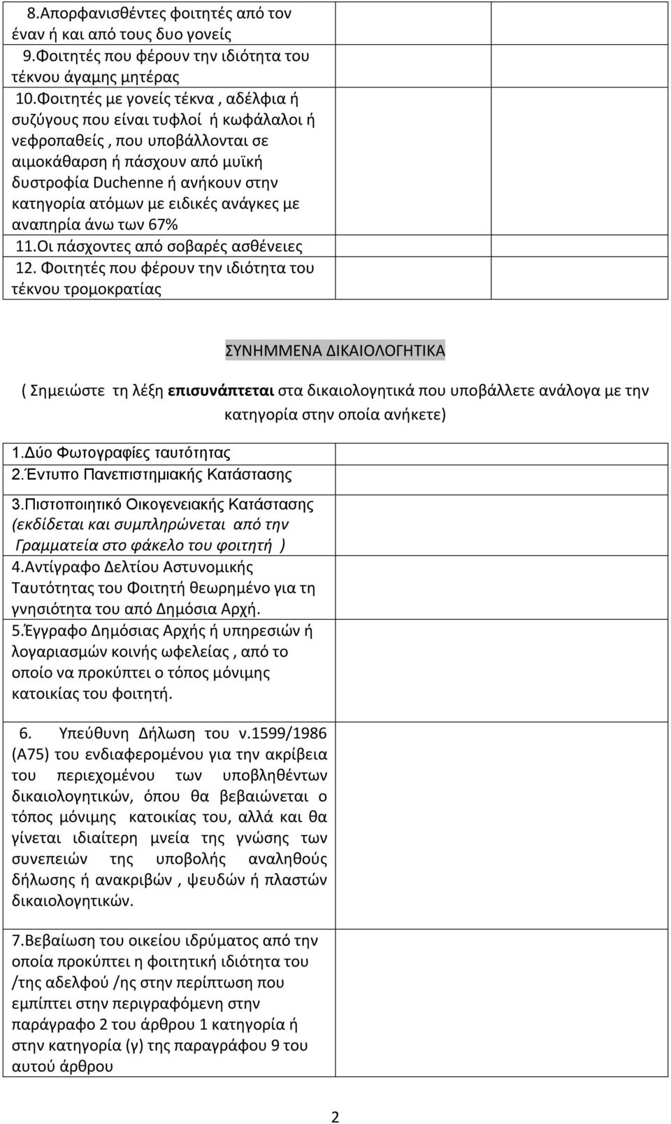 ειδικές ανάγκες με αναπηρία άνω των 67% 11.Οι πάσχοντες από σοβαρές ασθένειες 12.