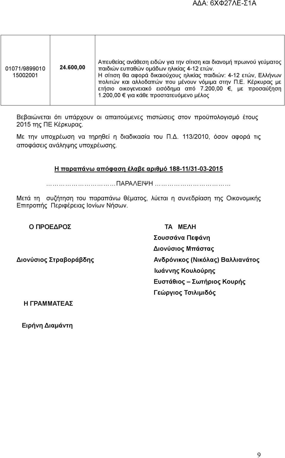 200,00 για κάθε προστατευόμενο μέλος Βεβαιώνεται ότι υπάρχουν οι απαιτούμενες πιστώσεις στον προϋπολογισμό έτους 2015 της ΠΕ Κέρκυρας. Με την υποχρέωση να τηρηθεί η διαδικασία του Π.Δ.